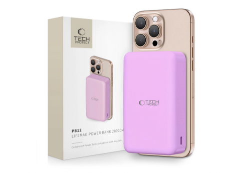Nešiojamas įkroviklis - akumuliatorius 20000mAh USB + USB C 15W su bevieliu įkrovikliu, su indikatoriumi QC rožinis (purple) Tech-Protect PB12